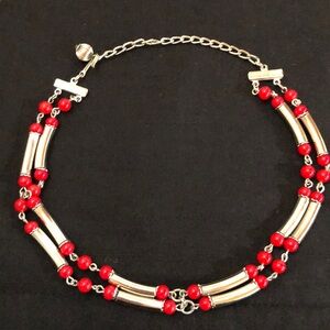 Vintage 1990s Red and Silver Toned Layered Choker Necklace with Red Beads- 16"